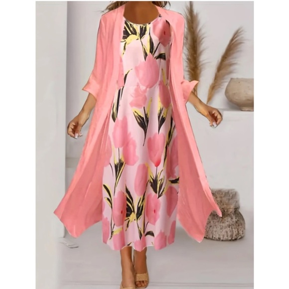 NWOT Women's Floral Print Round Neck Tank Dress&Sheer Coat 2-Piece Sz 5X (22/24) - Picture 1 of 11